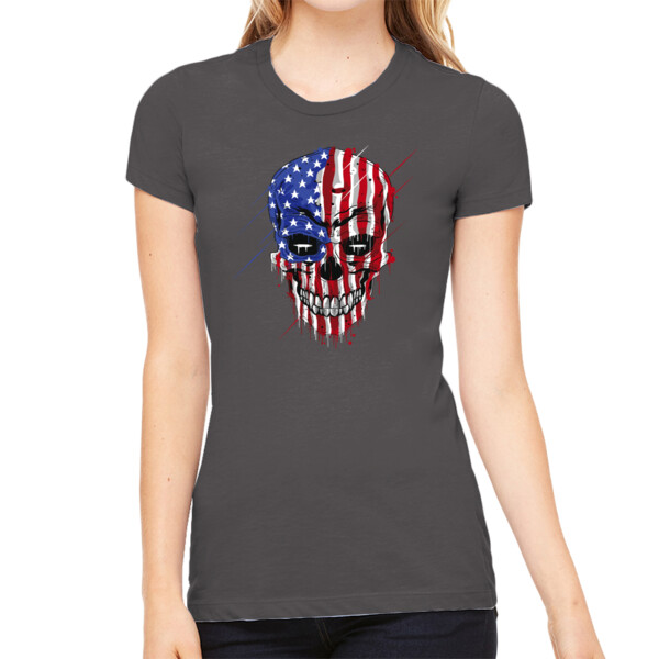 USA Skull - Women's Premium Cotton Slim Fit T-SHirt Thumbnail